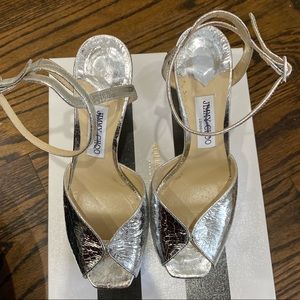 Jimmy Choo Silver Metallic Foil Leather Chunky Heels 
Size 40/ US 9